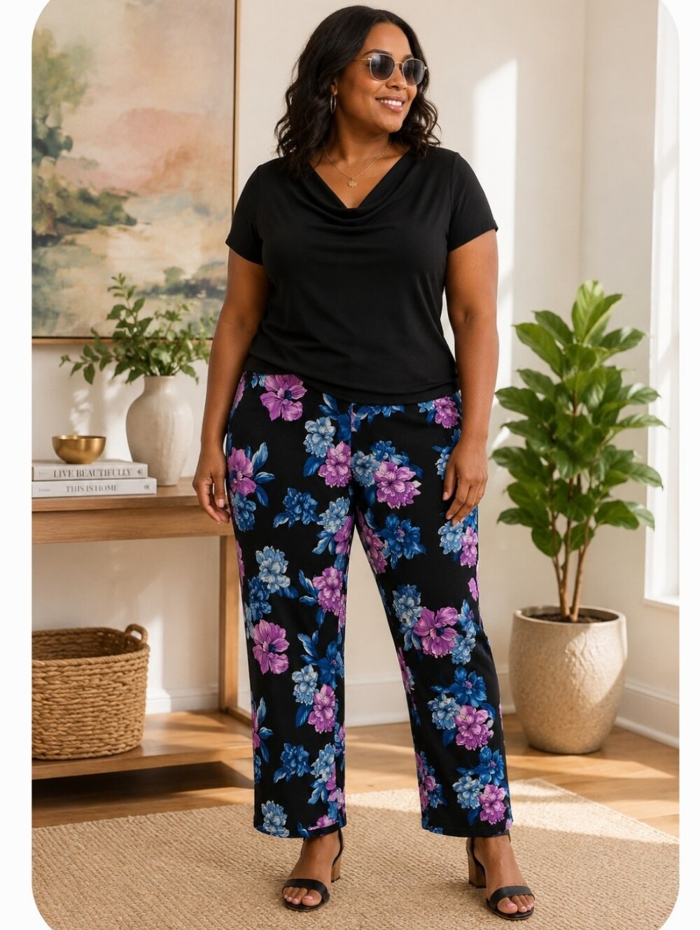 Susan Graver Floral Pull-On Crop Pants XL Black Pink Blue Stretch Resort Career